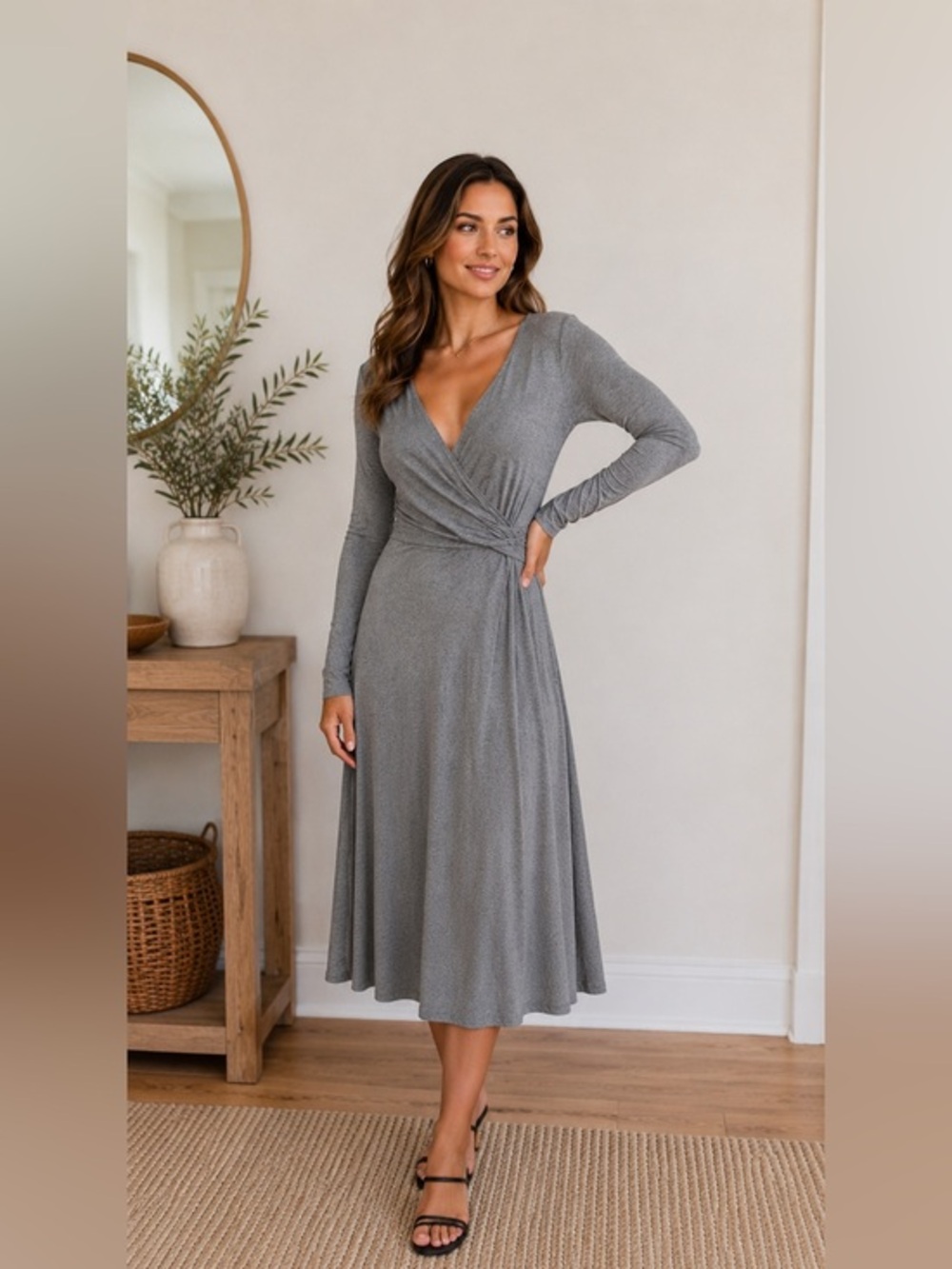 NWT Express Gray Long Sleeve Maxi Dress XS Petite Soft Stretch Minimalist